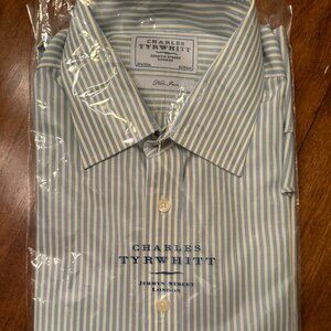 New Charles Tyrwhitt Non-Iron Long Sleeve Shirt 16.5/33 Blue/Lt Yellow Stripe